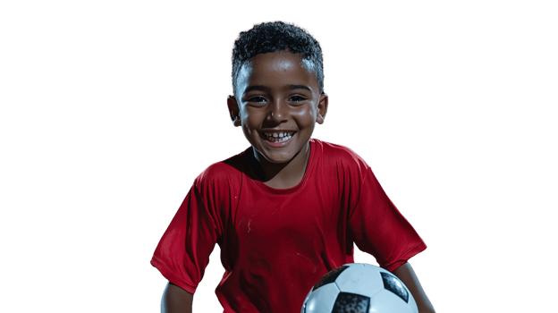 Young boy in red shirt holding soccer ball isolated on transparent background png
