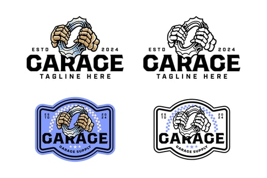 hand skull holding gear ring engine colorful logo design set for garage, motorcycle club bone hand holding gear, jagged, serrated illustration outline badge logo template for racing sport vector