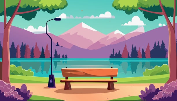 Park bench on lake shore with trees and mountains on background illustration vector