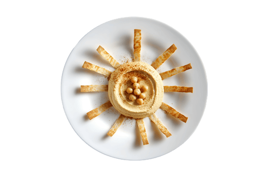 Hummus with pita bread strips and chickpeas on a transparent background png