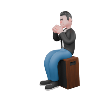 Cartoon 3D Character of Music Performer. A male musician sits on a speaker while clasping his hands in front of his chin. Singing Artist png