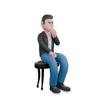 Animated 3D Music Star. A male musician sits on a chair while thinking, while his left hand is on his chin and his right hand is between his thighs. Vocal Performer Design png