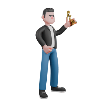 3D Cartoon Music Character. A male musician stands while carrying a trophy with his left hand while his right hand is on his waist. Singing Performer png