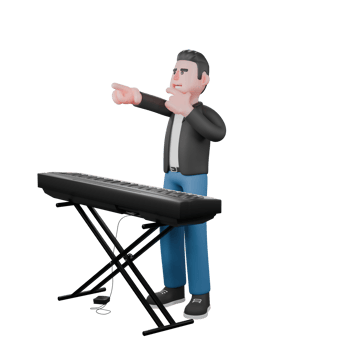 3D Cartoon Character of Musician. A musician is standing behind an electric piano, with his right hand pointing forward and his left hand in front of his chin. Vocal Talent png