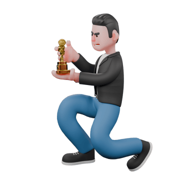 3D Music Artist Character. A male musician kneels while both hands show the trophy he is carrying. Animated Performer png
