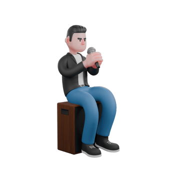 3D Animated Music Artist. A male musician sits on a speaker with both hands holding a microphone. Performance Character png