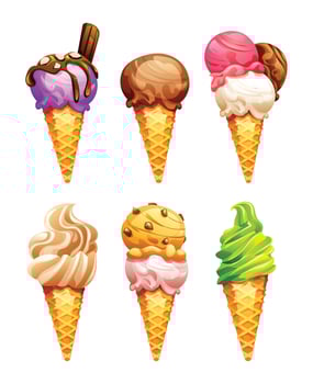 Set of ice cream cones with different scoops, flavors, and toppings. Cartoon illustration vector