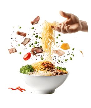 Hand adding noodles to ramen bowl with toppings on a transparent background png
