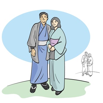 lover couple wearing traditional Japanese clothes illustration isolated on white background vector