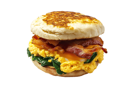 Bacon, egg, and cheese breakfast sandwich with spinach on an English muffin isolated on transparent background png