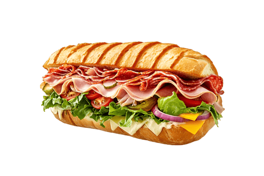 Italian cold cut sub sandwich with salami and vegetables isolated on transparent background png