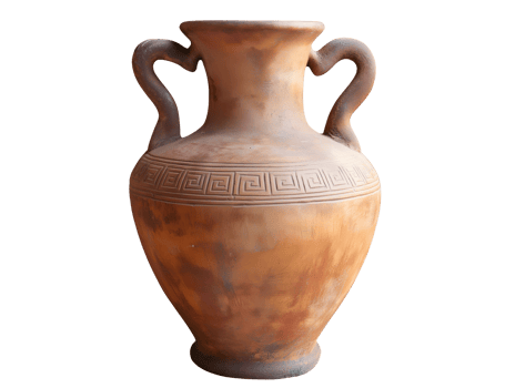 ancient clay amphora with greek-style designs, antique pottery vessel with handles on isolated background, historic ceramic jar png