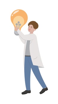 Male paramedic medical worker holding light bulb isolated on white background, cartoon comic character vector