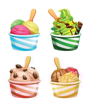 Four scoops of ice cream with wooden spoons in various flavors. Cartoon illustration vector