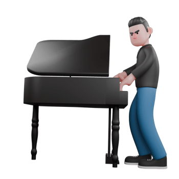 Cartoon 3D Character of Music Artist. A male musician stands with both hands playing an acoustic piano in front of him. Singing Talent png