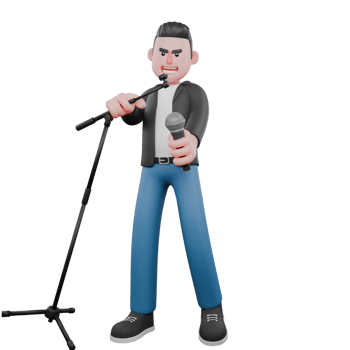 Cartoon Music Artist Model. A male musician stands while his right hand holds a microphone stand whose mic has been removed and held with his left hand. Singing Performer png