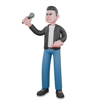 Music Performer Character in 3D. A male musician stands with his right hand holding a microphone slightly raised to the side while his left hand is beside his plate. Animated Style png