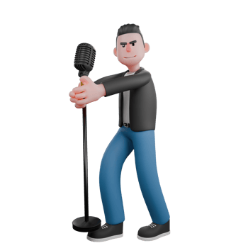 3D Musician in Cartoon Style. A male musician stands with his head facing to the left while both hands are holding a microphone stand. Performance Character png