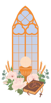 Golden cup, Bible and bread. icon of the first communion. The main symbols of Christianity are the sacrifice of Jesus Christ. Grail and church bread. The altar is decorated with flowers. vector