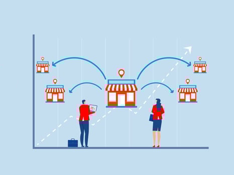 Franchise, global business expansion opportunities to expand a shop,startup strategy,connecting arrows illustration vector