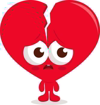 Broken love heart character. Sad red heart shaped character. Heartbroken cartoon. vector