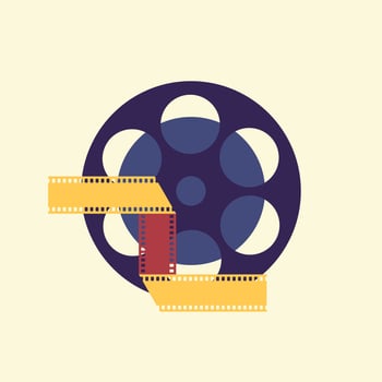 Movie film emblem with film reel and folded film strip. Movie film concept. Retro style vector