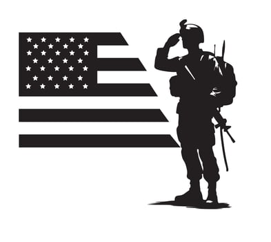 USA soldier silhouette with American flag silhouette in background for veterans day 11th November vector