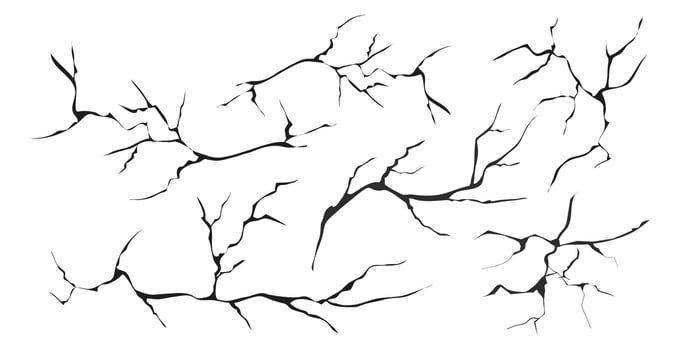 Cracked glass, wall, egg, fissures in ground top view. Set concrete, crevices from disaster, surface from earthquake, Ruined breaked land surface doodle, hand drawn vector