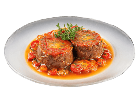 Osso Buco veal shanks braised with white wine and tomatoes served on a transparent glass png