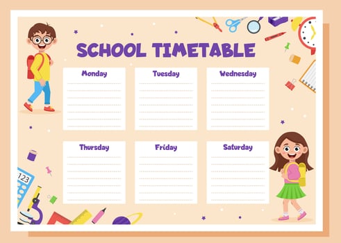 School timetable, lesson schedule and organizer template. Study weekly planner with school supplies and schoolchildren. vector