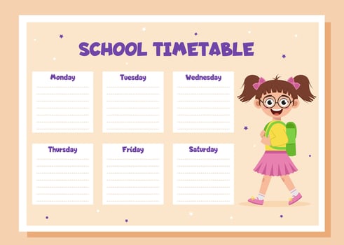 School timetable. School weekly planner with schoolgirl. vector