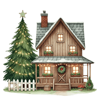 Cozy wooden house with Christmas tree Cartoon illustration for Christmas. png