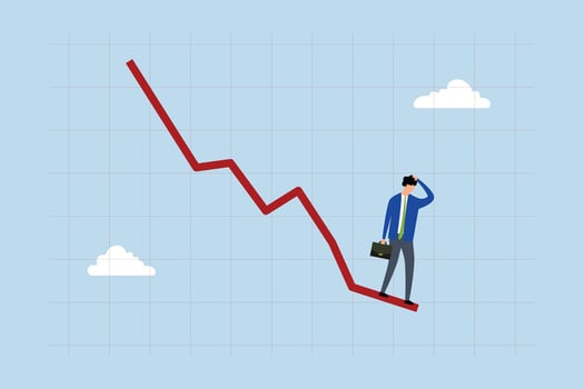 Economic recession, Businessman investor watches as red graph falls, searching for the bottom. vector