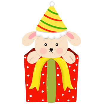 A white cartoon lamb emerges from a red gift box wearing a birthday hat. png