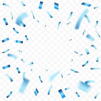 Blue confetti. Bright falling tinsel. Holiday poster concept. Anniversary or birthday design template. Shiny carnival decoration. Luxury blue confetti and carnival ribbons. vector