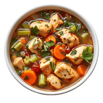 A bowl of chicken and vegetable soup with a spoon png