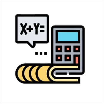 A calculator and a stack of money with a speech bubble vector
