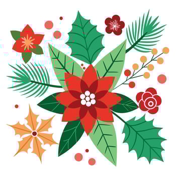 A christmas background with poinsettis. holly and pine cones. vector