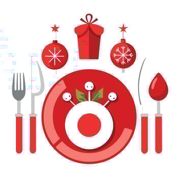 A christmas table setting with red plates and silverware created with technology vector