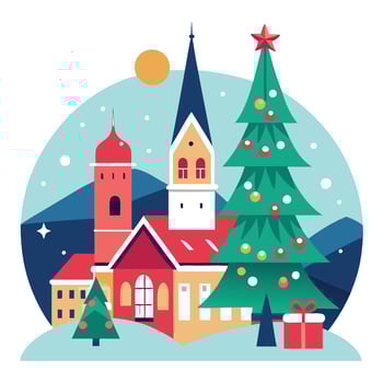 A christmas tree is decorated nearby a church in a town vector