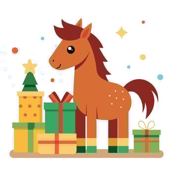 A cute horse looking at presents on christmas morning vector