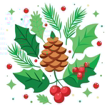 A green christmas background with pine cones and red berries on the branches. vector