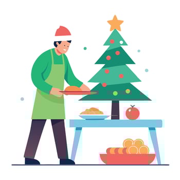 A person preparing food on a table in front of a christmas tree. Imaginary photorealistic image. vector