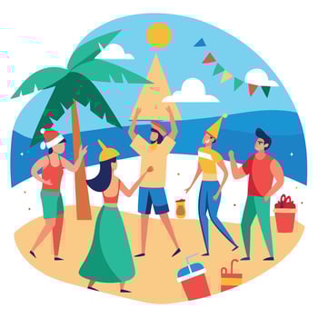 A vibrant beach gathering. celebrating either Christmas or New Year's Eve in the sunshine. vector
