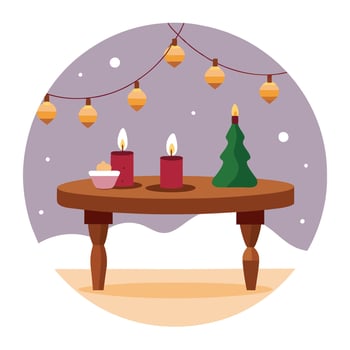 A wooden table topped with candles and christmas lights. Winter festive background. vector