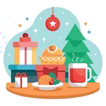 Background with christmas breakfast with decorations on a table vector