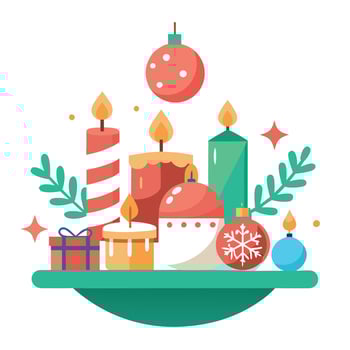 Background with christmas decoration ornaments and candles on table vector