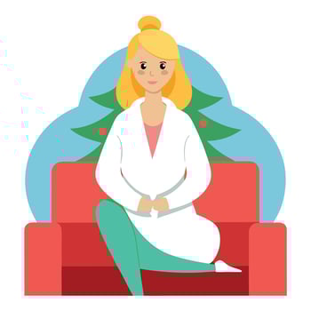 Blonde woman sitting on sofa. wearing cozy bathrobe at christmas morning. vector