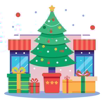 Christmas celebration background with Christmas Tree with gifts standing in shopping mall - vector