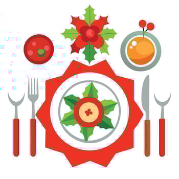 Christmas dinner table setting with red flower. top view vector